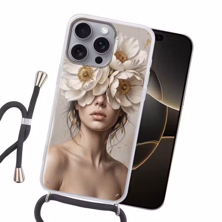 Vrouw - Pioenroos - Wit Hoesje iPhone 16 Pro Max met koord klein -sfeer1