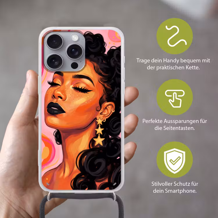 Vrouw - Portret - Abstract - Kleurrijk - Roze Hoesje iPhone 16 Pro Max met koord klein -sfeer2_DE