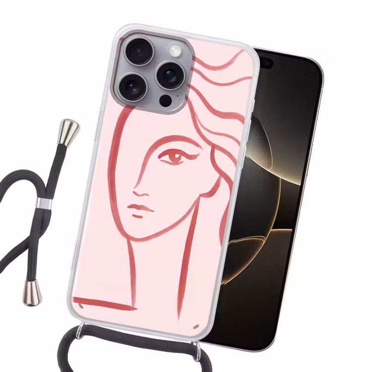 Vrouw - Portret - Abstract - Lijnkunst - Rood Hoesje iPhone 16 Pro Max met koord klein -sfeer1