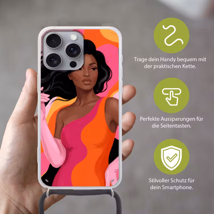 Vrouw - Portret - Kleurrijk - Modern - Kunst Hoesje iPhone 16 Pro Max met koord klein -sfeer2_DE