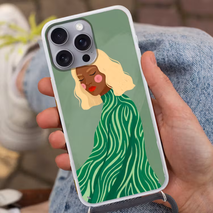 Vrouw - Portret - Illustratie - Modern - Groen Hoesje iPhone 16 Pro Max met koord klein -sfeer3