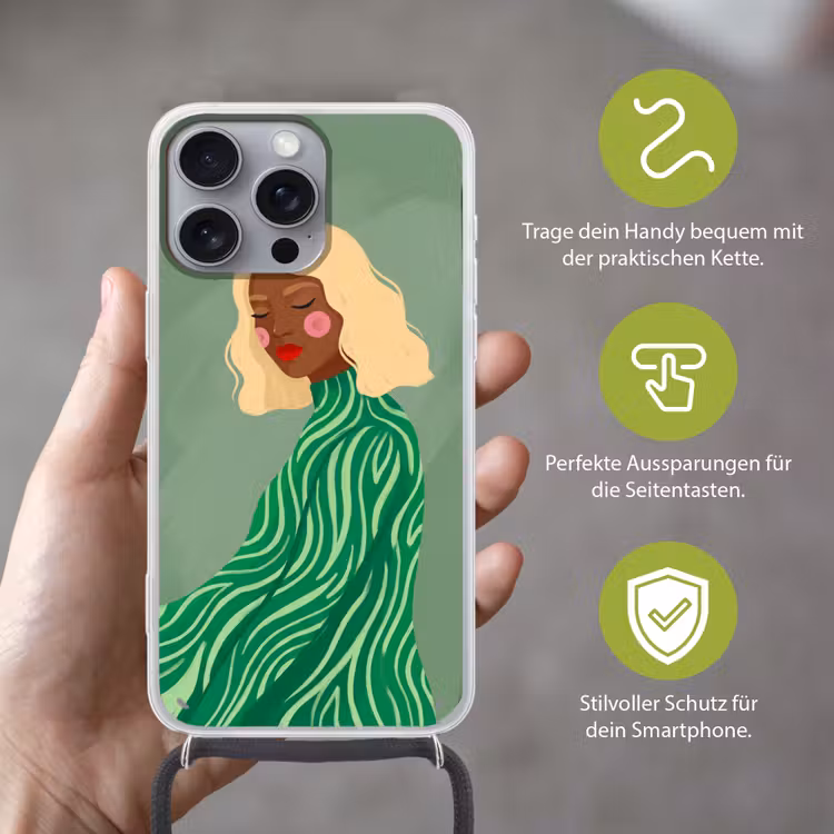 Vrouw - Portret - Illustratie - Modern - Groen Hoesje iPhone 16 Pro Max met koord klein -sfeer2_DE
