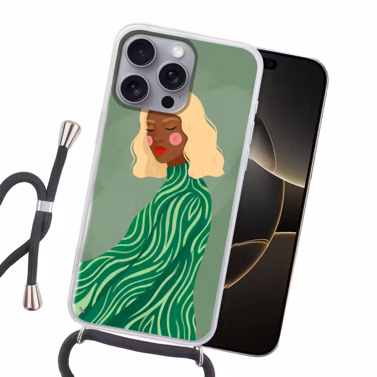 Vrouw - Portret - Illustratie - Modern - Groen Hoesje iPhone 16 Pro Max met koord klein -sfeer1