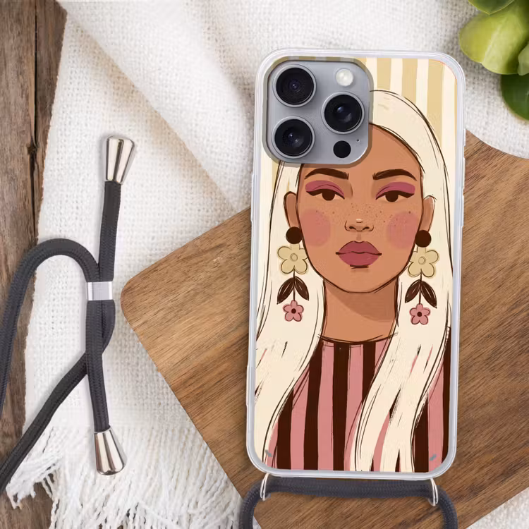 Vrouw - Portret - Illustratie - Modern - Roze Hoesje iPhone 16 Pro Max met koord klein -sfeer4