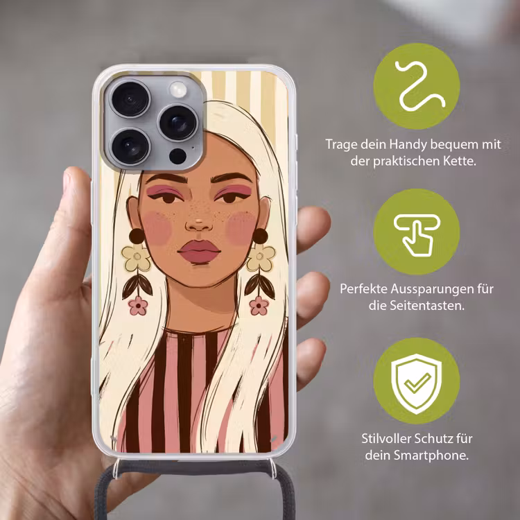 Vrouw - Portret - Illustratie - Modern - Roze Hoesje iPhone 16 Pro Max met koord klein -sfeer2_DE
