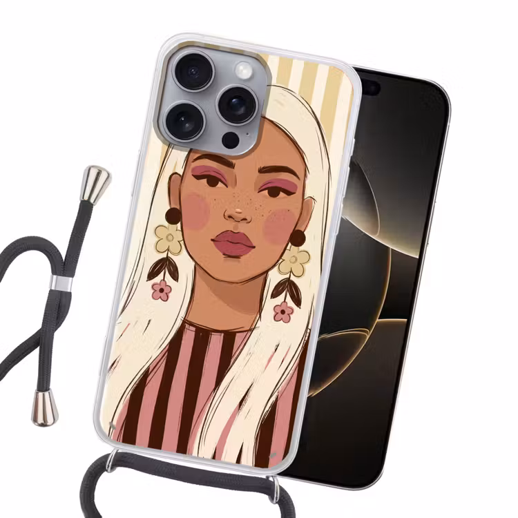 Vrouw - Portret - Illustratie - Modern - Roze Hoesje iPhone 16 Pro Max met koord klein -sfeer1