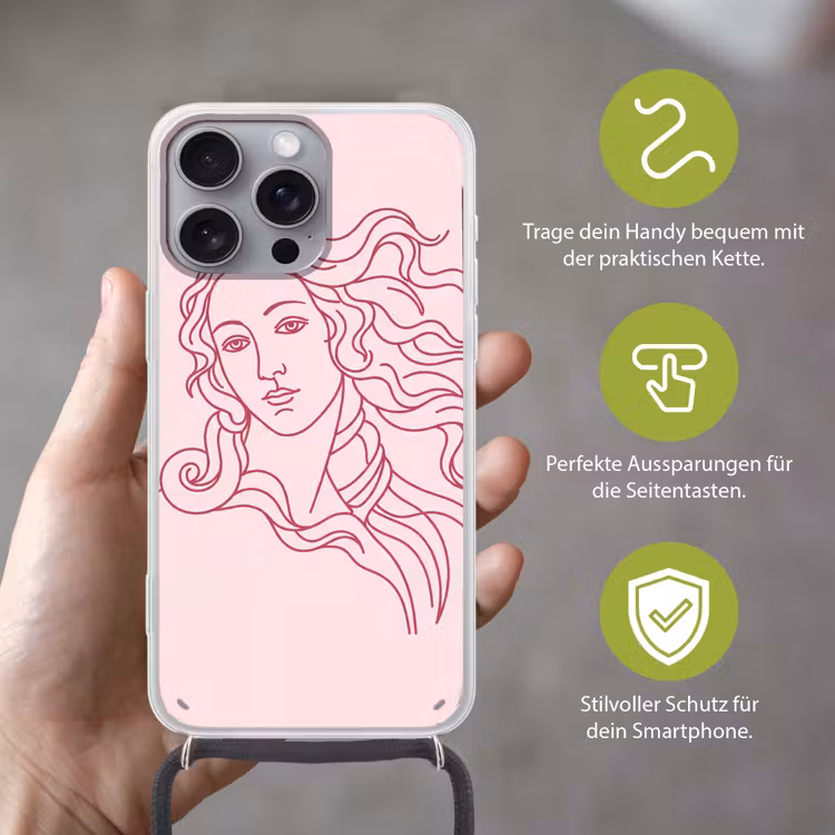 Vrouw - Portret - Klassiek - Line-art - Roze Hoesje iPhone 16 Pro Max met koord klein -sfeer2_DE