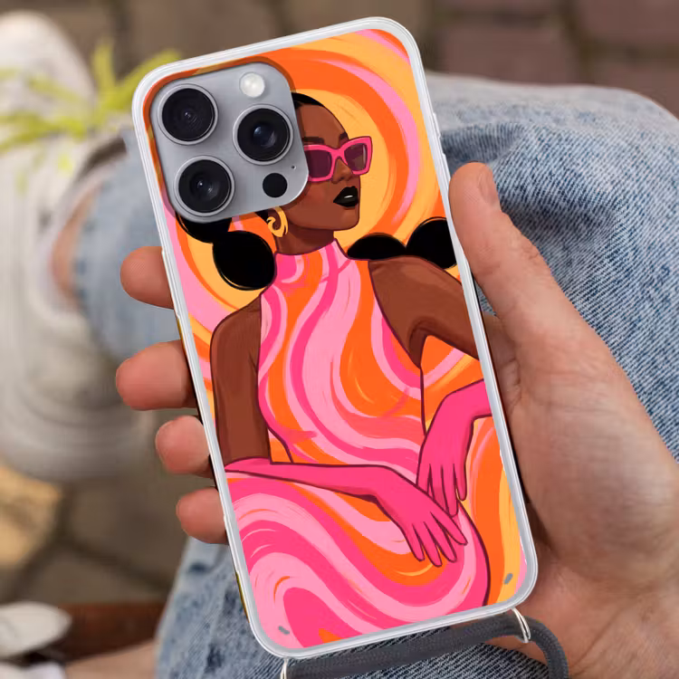 Vrouw - Portret - Kunst - Abstract - Roze Hoesje iPhone 16 Pro Max met koord klein -sfeer3