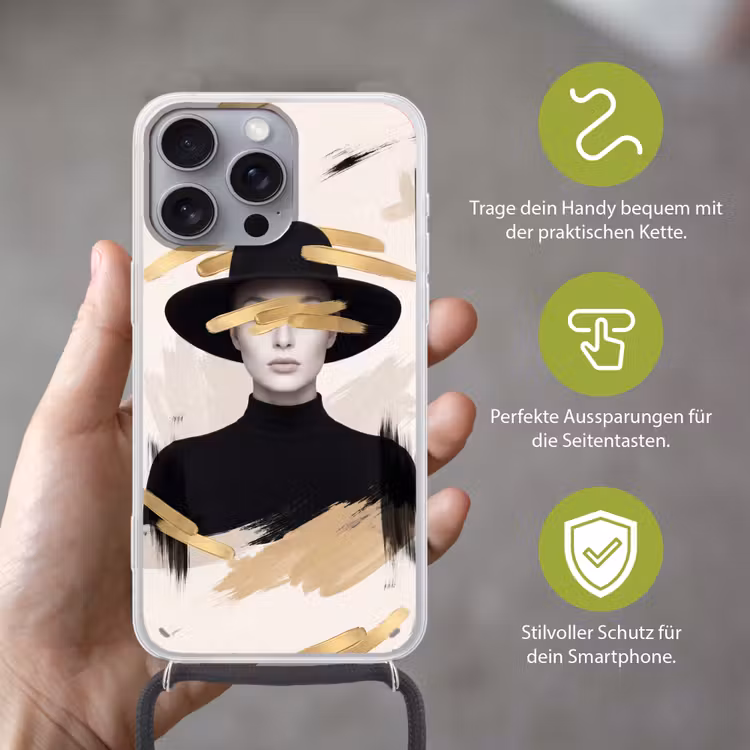 Vrouw - Portret - Modern - Goud - Kunst Hoesje iPhone 16 Pro Max met koord klein -sfeer2_DE