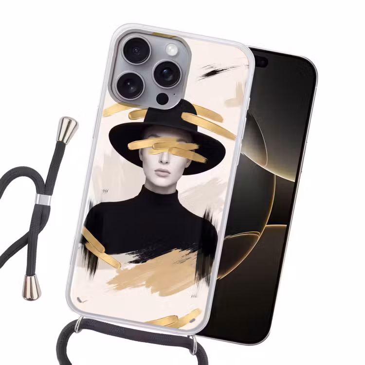 Vrouw - Portret - Modern - Goud - Kunst Hoesje iPhone 16 Pro Max met koord klein -sfeer1