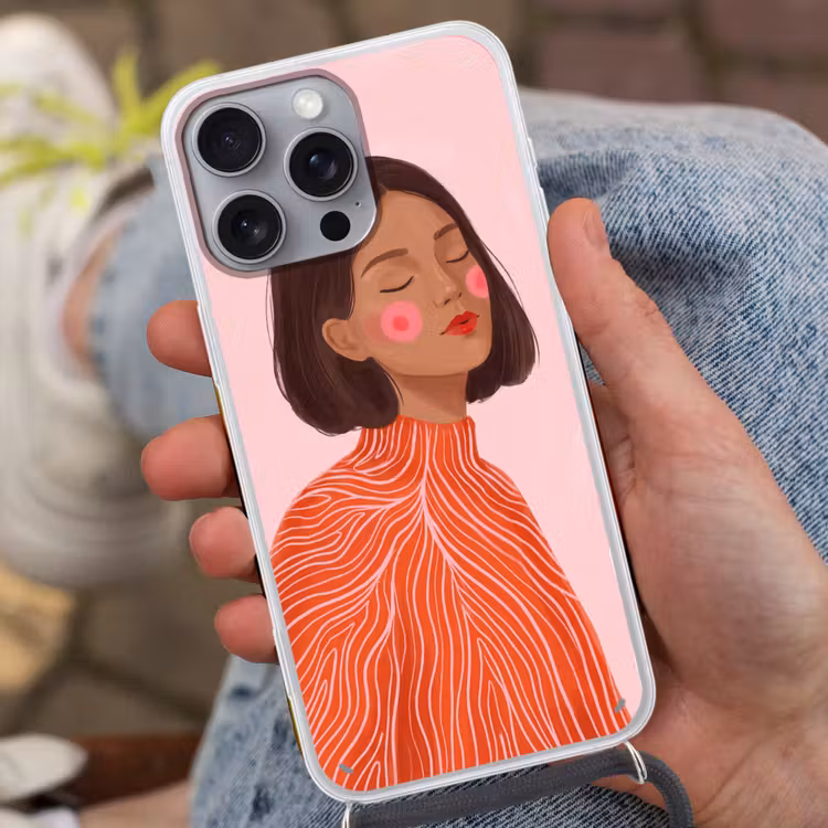 Vrouw - Portret - Modern - Kunst - Roze Hoesje iPhone 16 Pro Max met koord klein -sfeer3