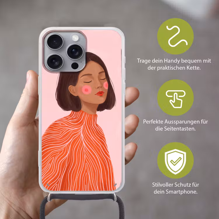 Vrouw - Portret - Modern - Kunst - Roze Hoesje iPhone 16 Pro Max met koord klein -sfeer2_DE