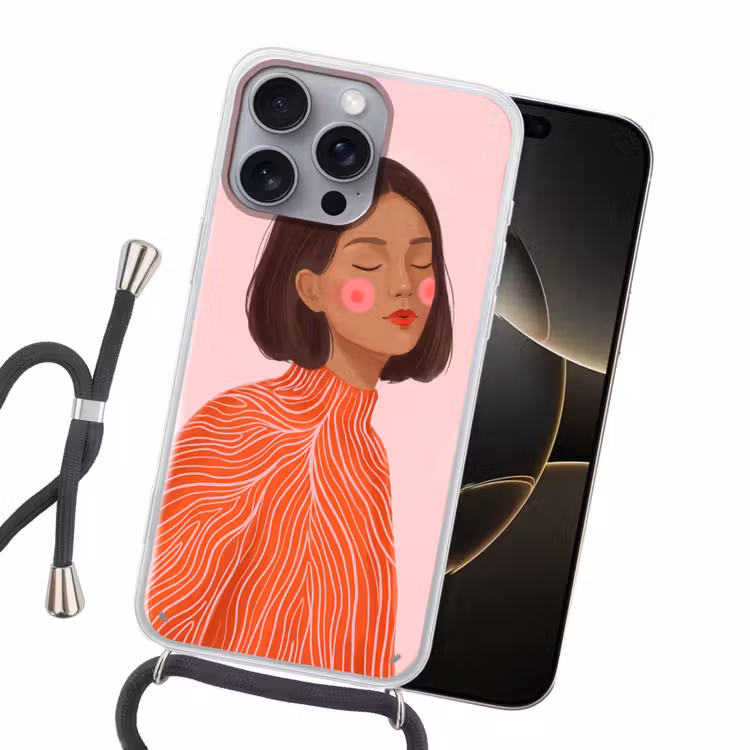 Vrouw - Portret - Modern - Kunst - Roze Hoesje iPhone 16 Pro Max met koord klein -sfeer1