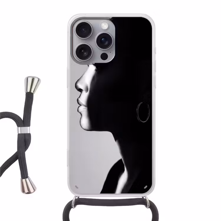 Vrouw - Profiel - Mensen - Zwart-wit Hoesje iPhone 16 Pro Max met koord klein -3d