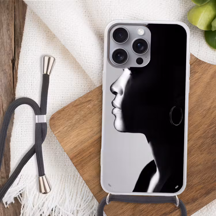 Vrouw - Profiel - Mensen - Zwart-wit Hoesje iPhone 16 Pro Max met koord klein -sfeer4