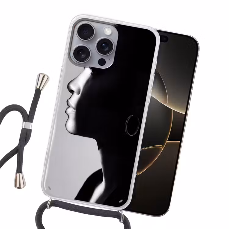 Vrouw - Profiel - Mensen - Zwart-wit Hoesje iPhone 16 Pro Max met koord klein -sfeer1