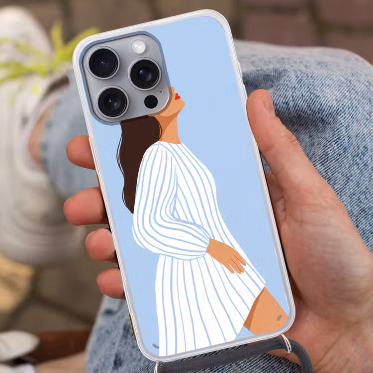 Vrouw - Profiel - Rust - Modern - Illustratie Hoesje iPhone 16 Pro Max met koord klein -sfeer3