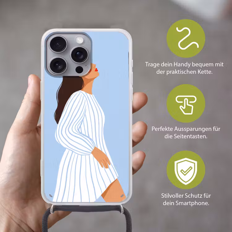 Vrouw - Profiel - Rust - Modern - Illustratie Hoesje iPhone 16 Pro Max met koord klein -sfeer2_DE