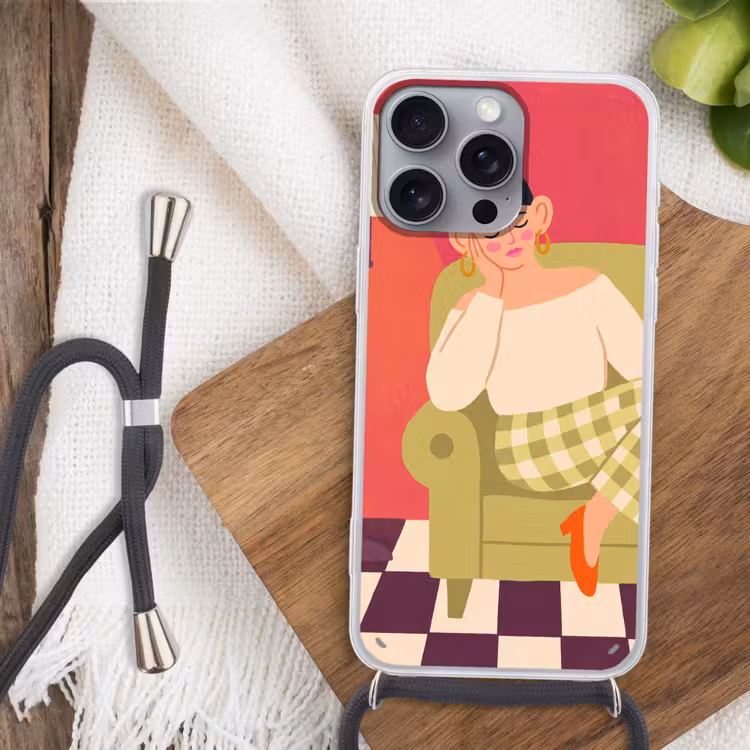Vrouw - Rust - Interieur - Modern - Kunst Hoesje iPhone 16 Pro Max met koord klein -sfeer4