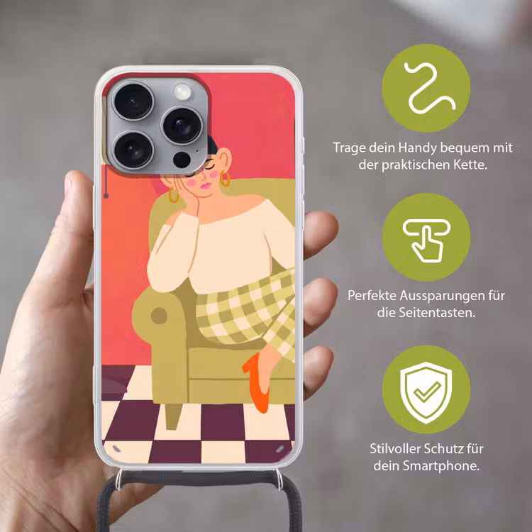 Vrouw - Rust - Interieur - Modern - Kunst Hoesje iPhone 16 Pro Max met koord klein -sfeer2_DE
