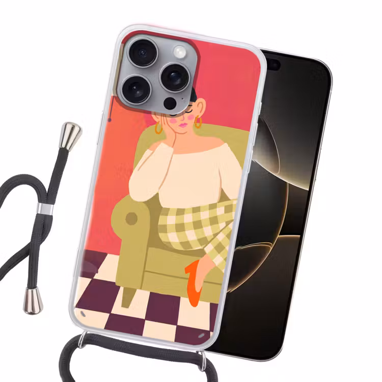 Vrouw - Rust - Interieur - Modern - Kunst Hoesje iPhone 16 Pro Max met koord klein -sfeer1