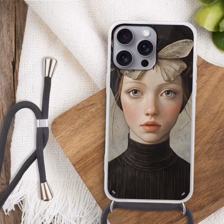Woman - Butterfly - Art - Classic - Muted Hoesje iPhone 16 Pro Max met koord klein -sfeer4