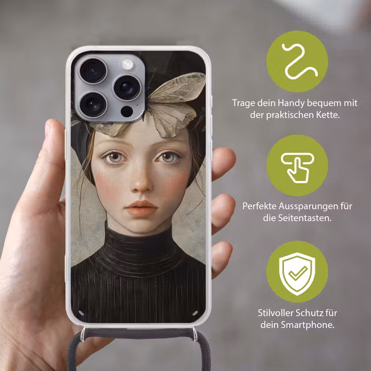 Woman - Butterfly - Art - Classic - Muted Hoesje iPhone 16 Pro Max met koord klein -sfeer2_DE