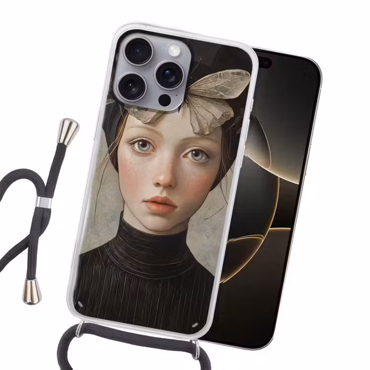 Woman - Butterfly - Art - Classic - Muted Hoesje iPhone 16 Pro Max met koord klein -sfeer1