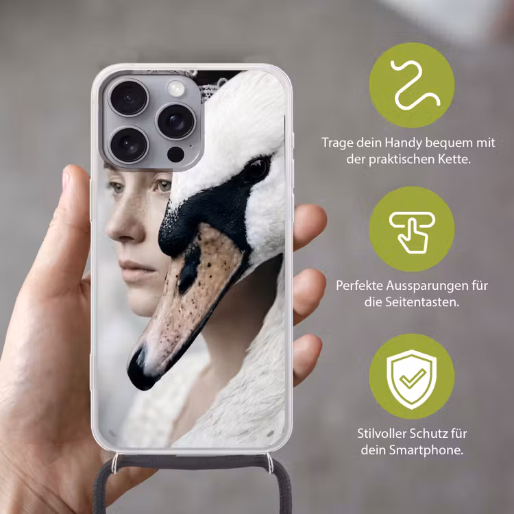 Vrouw - Zwaan - Wit Hoesje iPhone 16 Pro Max met koord klein -sfeer2_DE