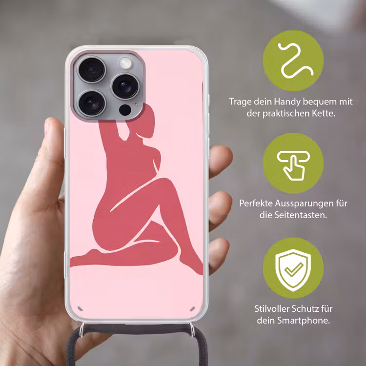 Vrouw - Silhouet - Abstract - Modern - Roze Hoesje iPhone 16 Pro Max met koord klein -sfeer2_DE