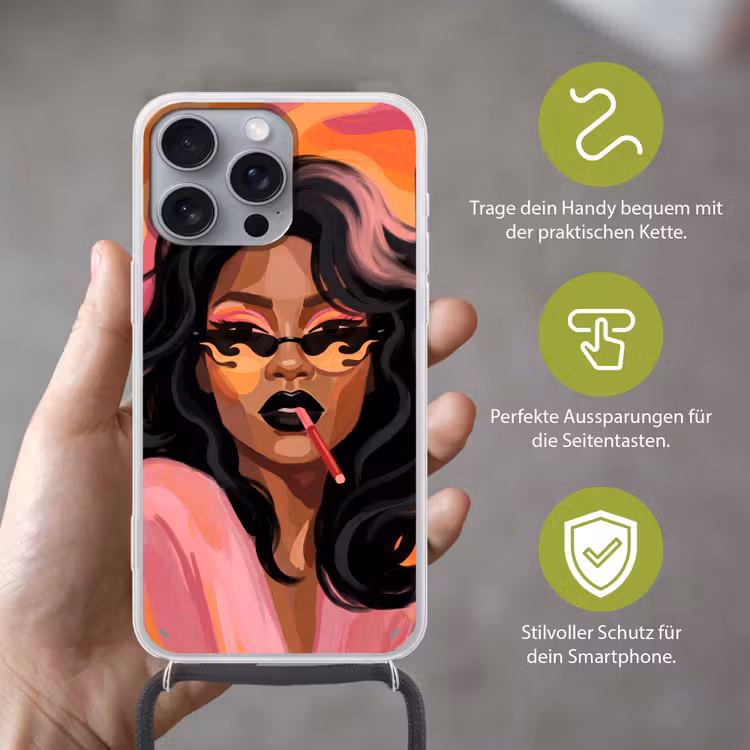 Vrouw - Zonnebril - Modern - Portret - Oranje Hoesje iPhone 16 Pro Max met koord klein -sfeer2_DE