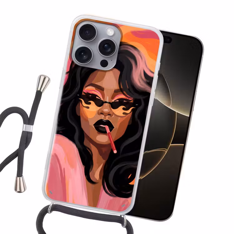 Vrouw - Zonnebril - Modern - Portret - Oranje Hoesje iPhone 16 Pro Max met koord klein -sfeer1
