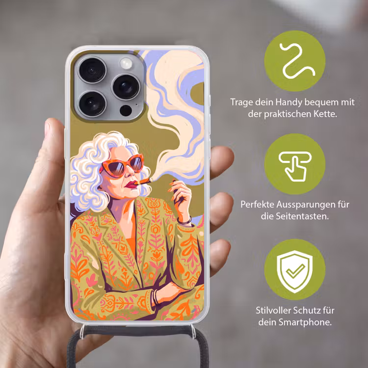 Vrouw - Zonnebril - Portret - Modern - Kleurrijk Hoesje iPhone 16 Pro Max met koord klein -sfeer2_DE