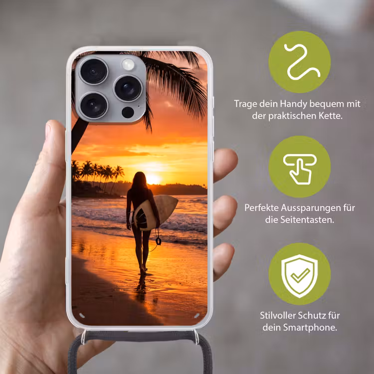 Vrouw - Surfplank - Strand - Zonsondergang - Oranje Hoesje iPhone 16 Pro Max met koord klein -sfeer2_DE