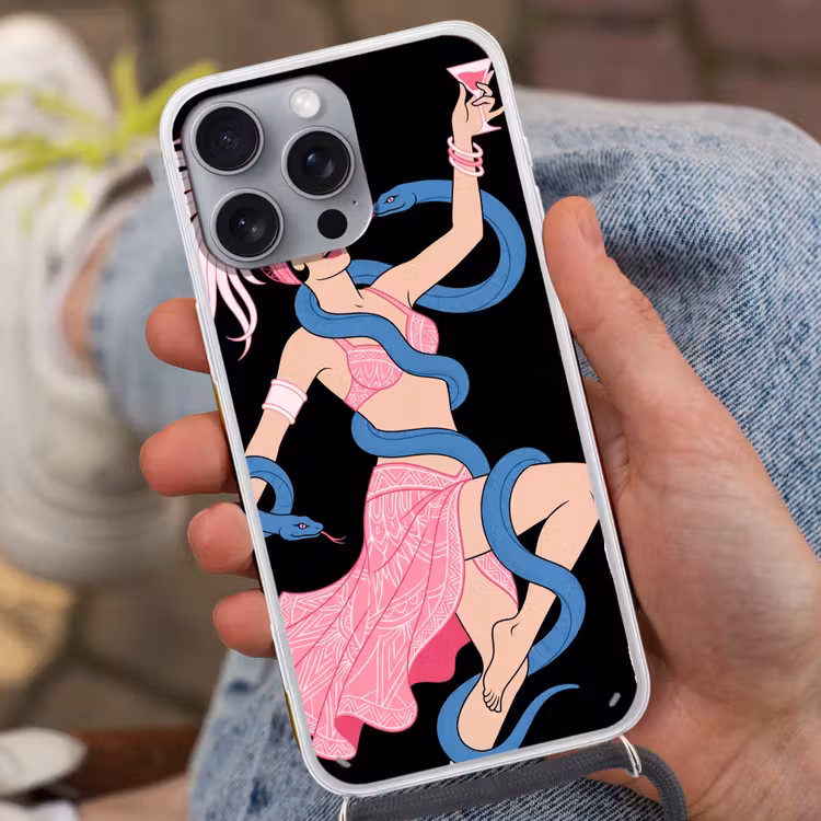 Vrouw - Danseres - Slangen - Art Deco - Roze Hoesje iPhone 16 Pro Max met koord klein -sfeer3