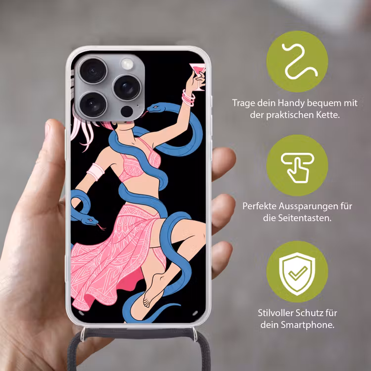 Vrouw - Danseres - Slangen - Art Deco - Roze Hoesje iPhone 16 Pro Max met koord klein -sfeer2_DE
