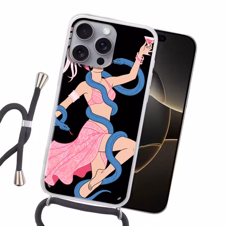 Vrouw - Danseres - Slangen - Art Deco - Roze Hoesje iPhone 16 Pro Max met koord klein -sfeer1