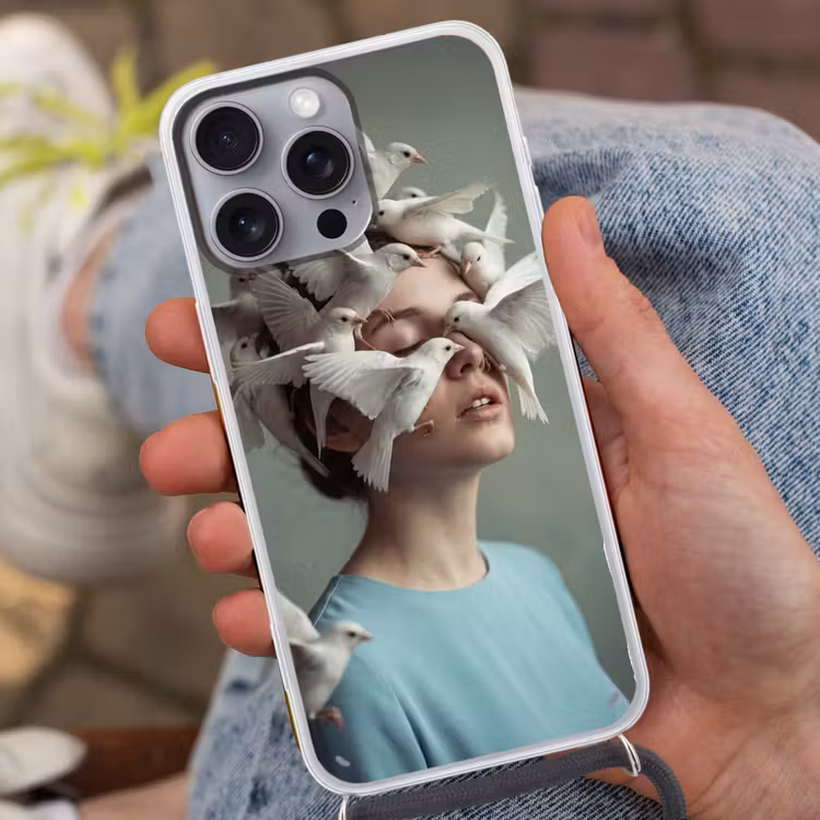 Vrouw - Vogels - Abstract - Modern - Wit Hoesje iPhone 16 Pro Max met koord klein -sfeer3