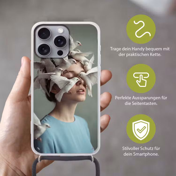 Vrouw - Vogels - Abstract - Modern - Wit Hoesje iPhone 16 Pro Max met koord klein -sfeer2_DE