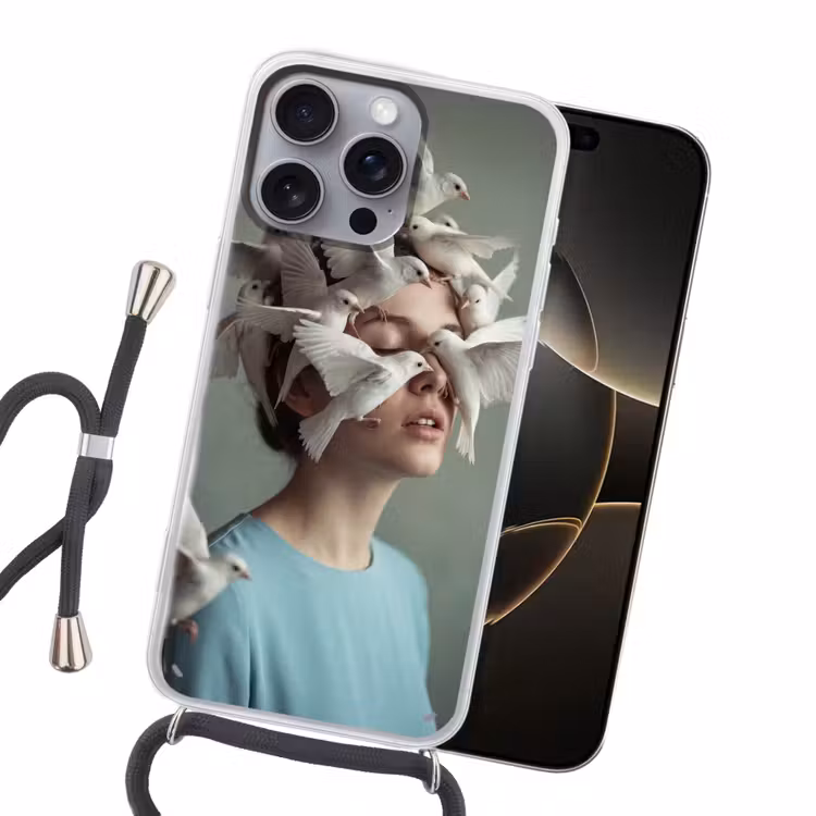 Vrouw - Vogels - Abstract - Modern - Wit Hoesje iPhone 16 Pro Max met koord klein -sfeer1
