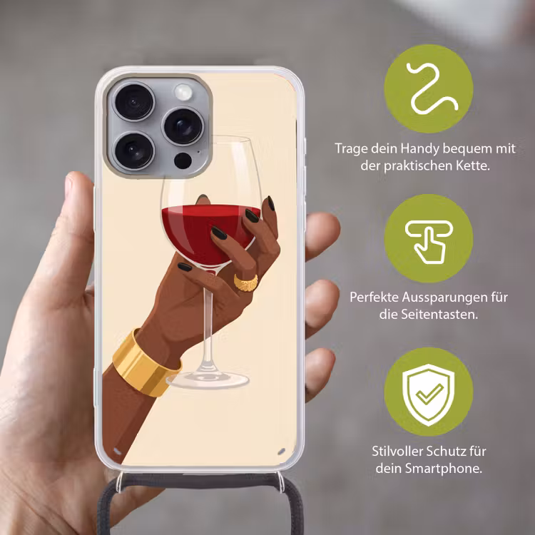 Vrouw - Wijn - Glas - Illustratie - Rood Hoesje iPhone 16 Pro Max met koord klein -sfeer2_DE