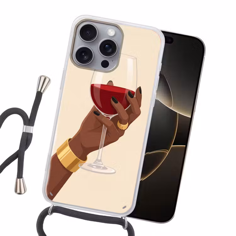 Vrouw - Wijn - Glas - Illustratie - Rood Hoesje iPhone 16 Pro Max met koord klein -sfeer1