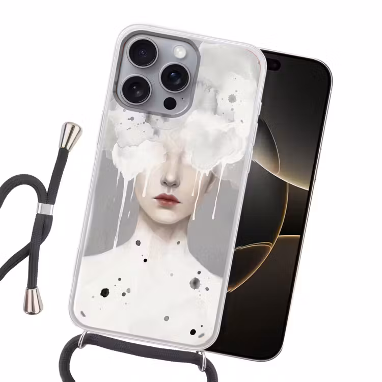 Vrouw - Wolk - Grijs Hoesje iPhone 16 Pro Max met koord klein -sfeer1