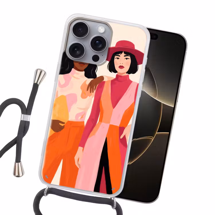 Vrouw - Twee - Mode - Abstract - Kleurrijk Hoesje iPhone 16 Pro Max met koord klein -sfeer1