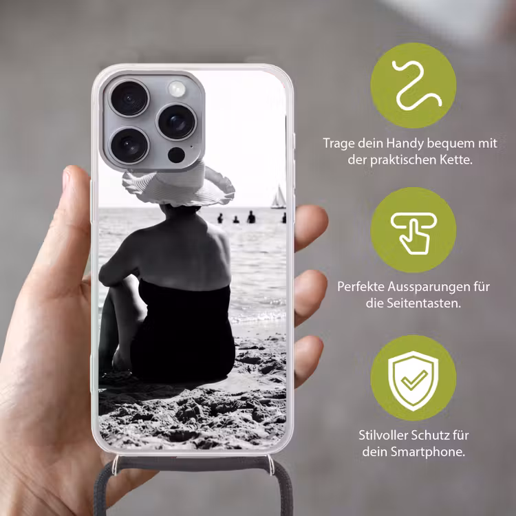 Vrouwen - Zonnehoed - Strand - Zwart - Wit Hoesje iPhone 16 Pro Max met koord klein -sfeer2_DE