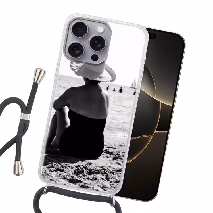 Vrouwen - Zonnehoed - Strand - Zwart - Wit Hoesje iPhone 16 Pro Max met koord klein -sfeer1
