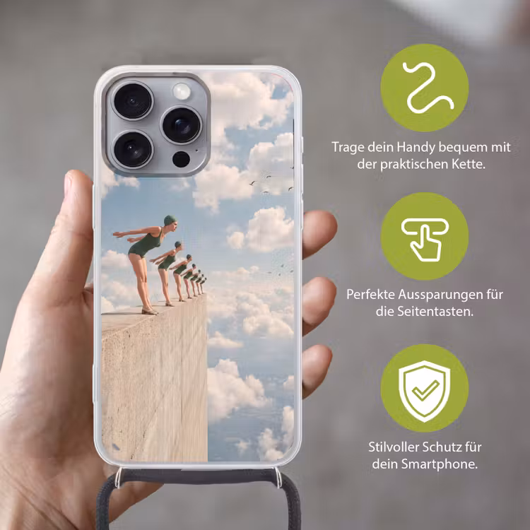 Handyhülle mit Band - Frauen – Tauchhaltung – Wolken - Vrouwen - Duikhouding - Wolken Hoesje iPhone 16 Pro Max met koord klein