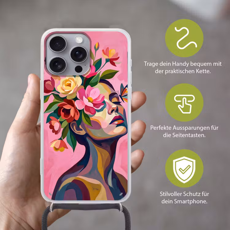 Vrouwengezicht - Vlinders - Kleurrijk Hoesje iPhone 16 Pro Max met koord klein -sfeer2_DE