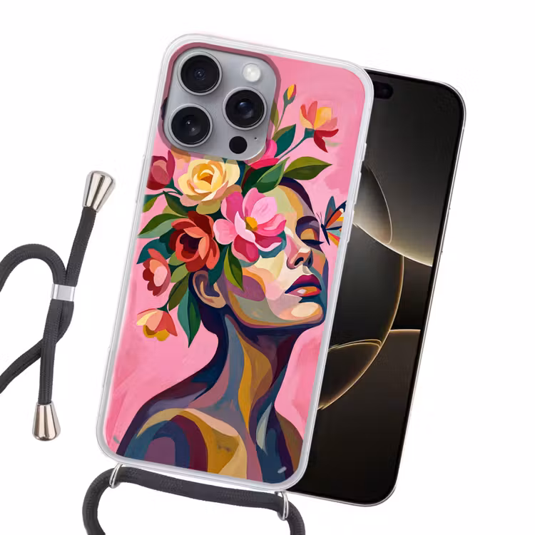Vrouwengezicht - Vlinders - Kleurrijk Hoesje iPhone 16 Pro Max met koord klein -sfeer1