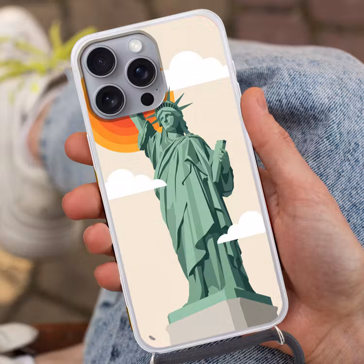 Vrijheidsbeeld - New York - Zon - Modern Hoesje iPhone 16 Pro Max met koord klein -sfeer3